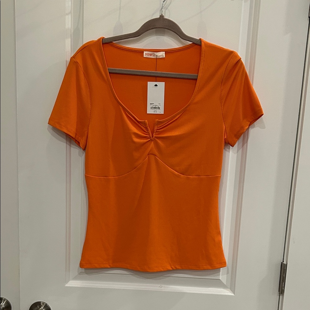 Vibrant Orange Short Sleeve Ribbed Top